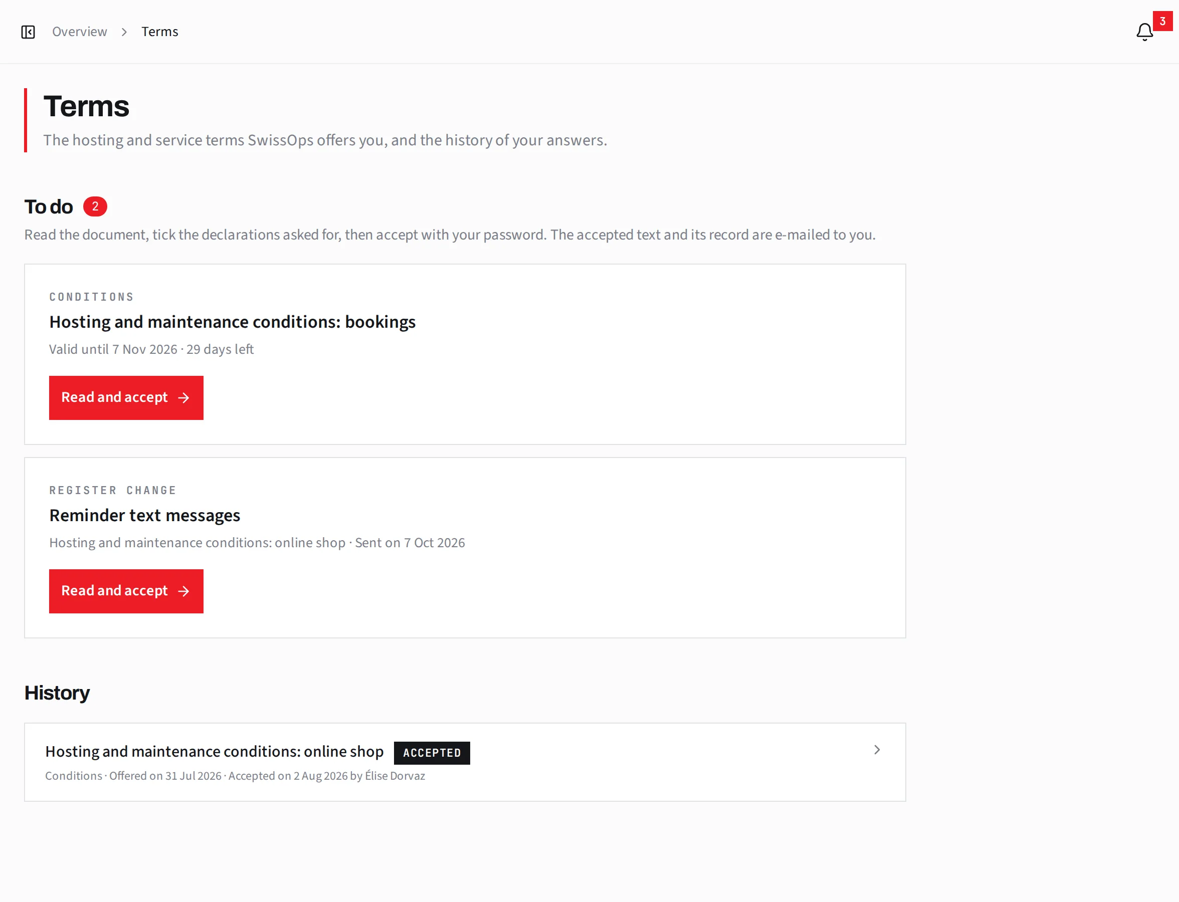 Conditions in the client area: a document to accept and the history of accepted conditions.