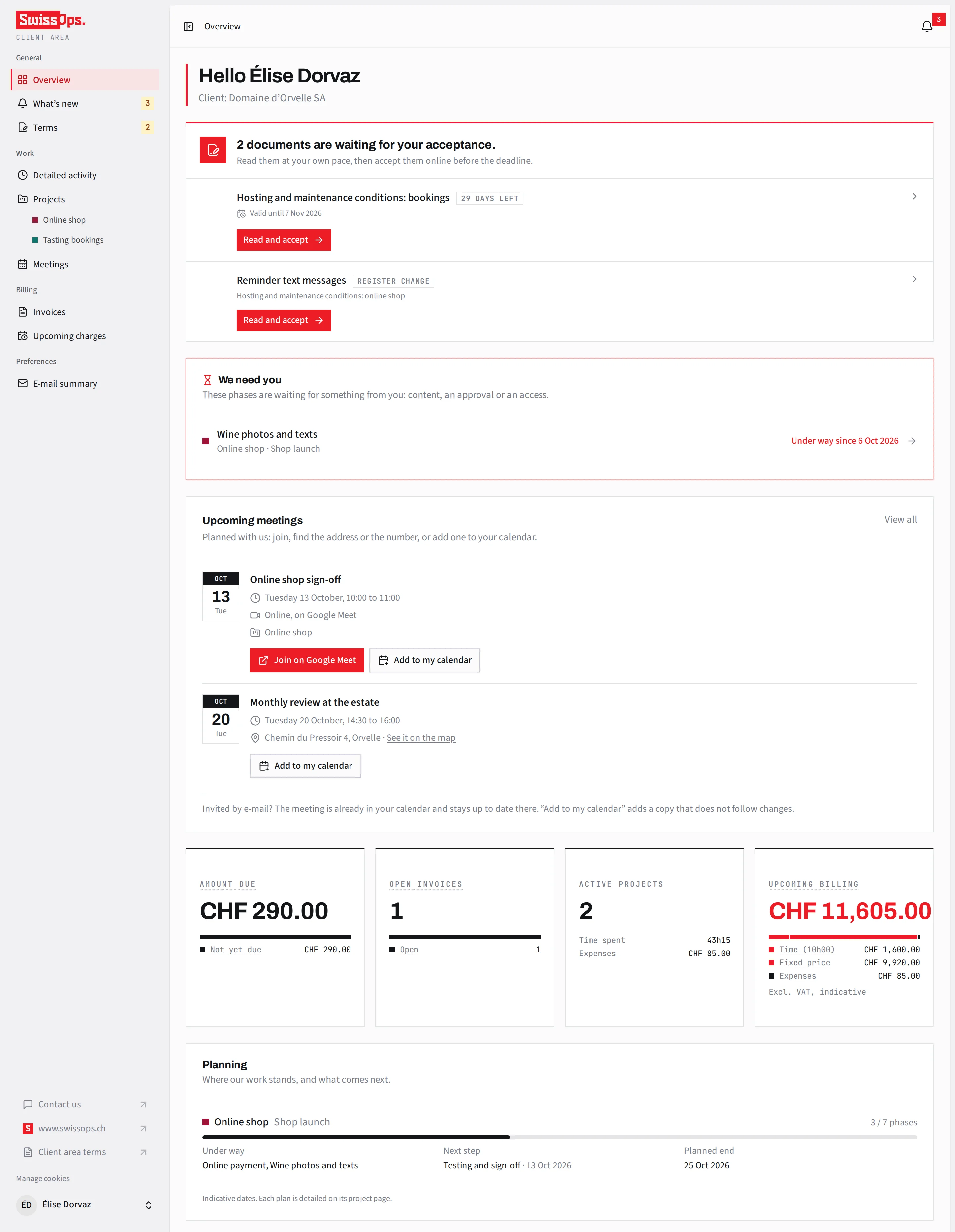 Client area home page: conditions to accept, a step waiting for the client, upcoming meetings, amounts due and to be invoiced, the plan.