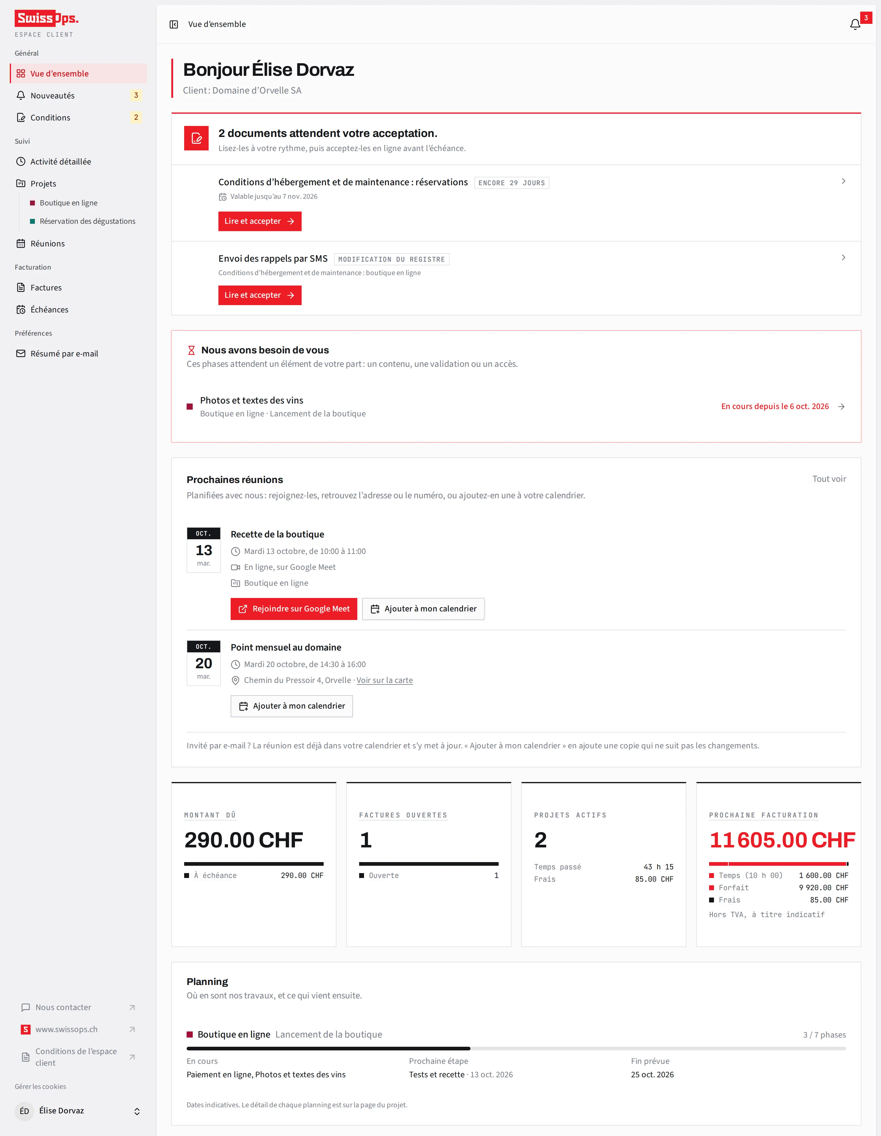 Page d’accueil de l’espace client : des conditions à accepter, une étape en attente du client, les prochaines réunions, les montants dus et à facturer, le planning.